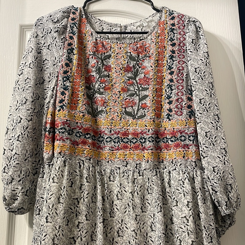Jodifl Mixed Media 3/4 Sleeve Boho Dress Embroidered Black and White Size M - Picture 4 of 9